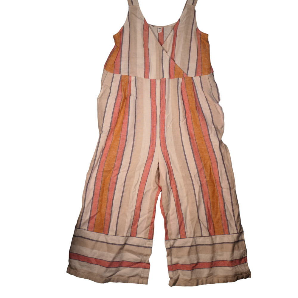 BP Jumpsuit Womens M Ivory Striped Wide Leg Pockets Linen Blend Gauzy Beachy - Picture 2 of 11